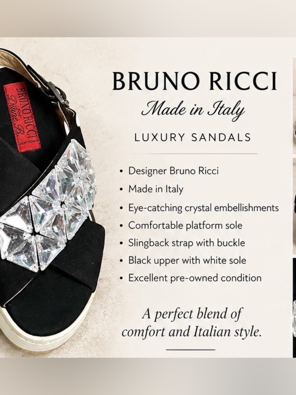 Bruno Ricci Crystal-Embellished and Suede platform Sandals Made in Italy 7.5